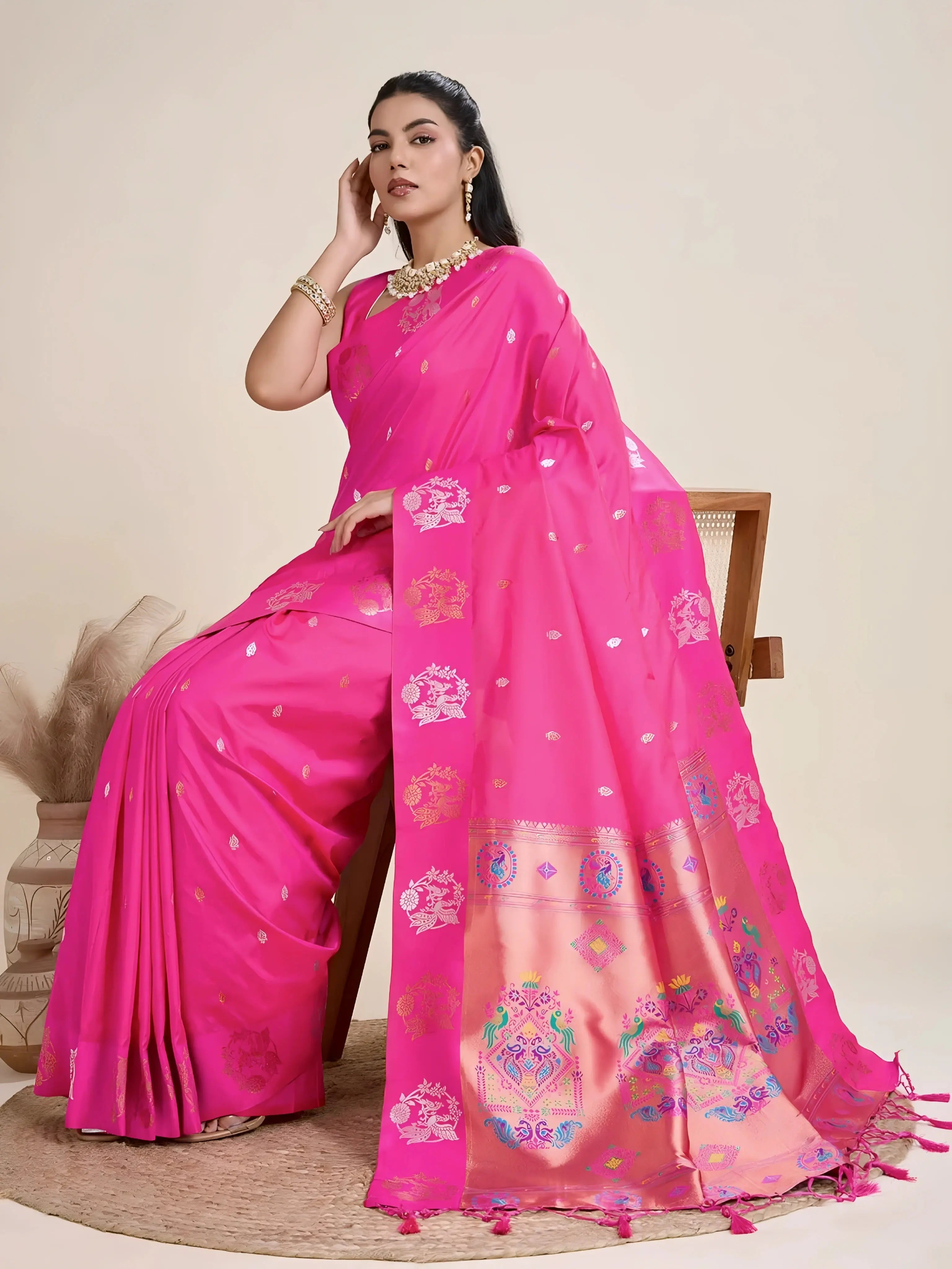 A woman models a luxurious Rani Pink Soft Silk Saree. The saree features scattered metallic motifs and a wide pallu in contrasting copper/rose gold, richly woven with multi-colored peacock and floral designs. She wears a matching pink sleeveless blouse and heavy gold Kundan jewelry, posing indoors.